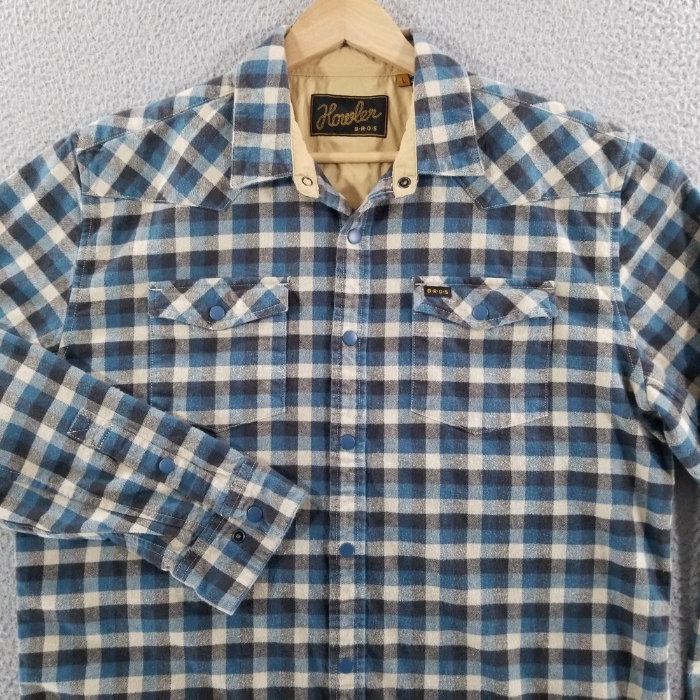 Howler Brothers Shirt Mens Large Blue Plaid Flannel Stockman Snap Western Ranch
